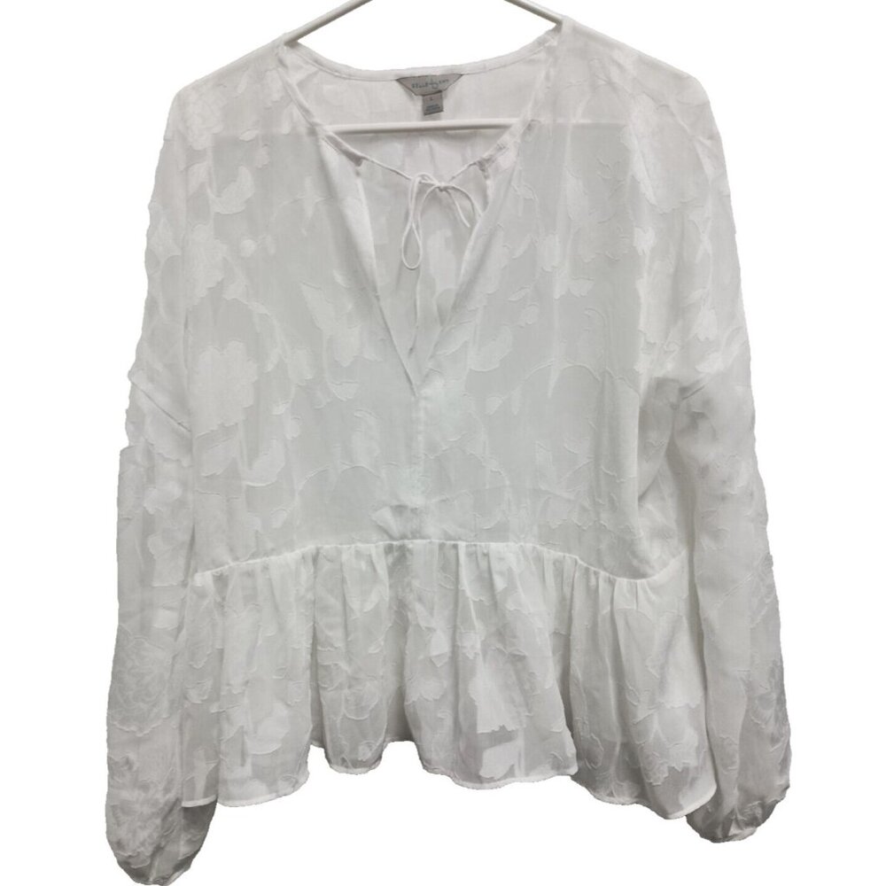 Belle Sky BOHO Fairy Romantic Top Large White Floral Chiffon Ruffle Long Sleeve